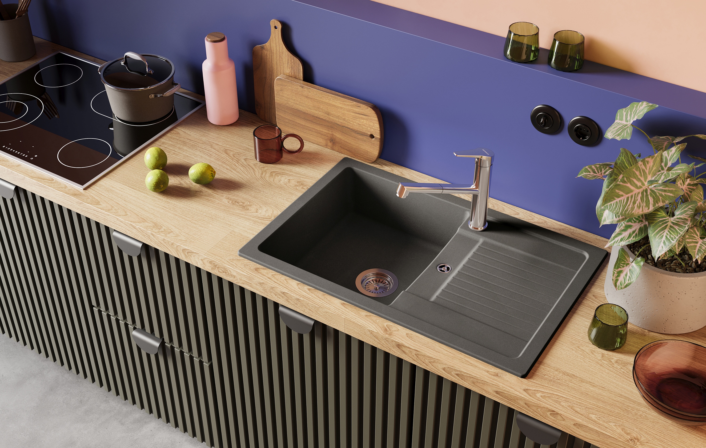 graue Cristalite Spüle von Schock mit Abtropffläche und Edelstahl-Armatur Massivholz-Arbeitsplatte